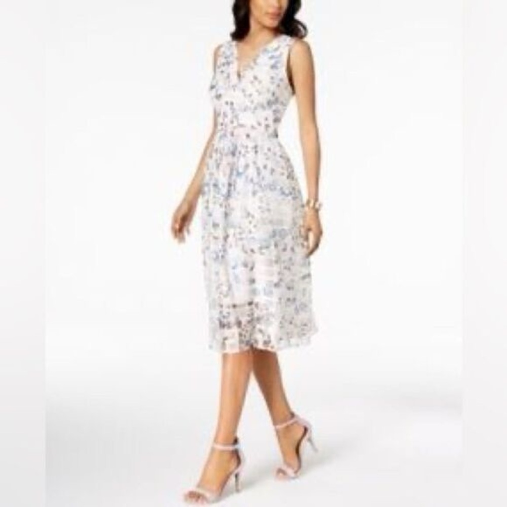 Ivanka Trump Organza Floral Print Sleeveless V Neck Midi Dress Size 14
